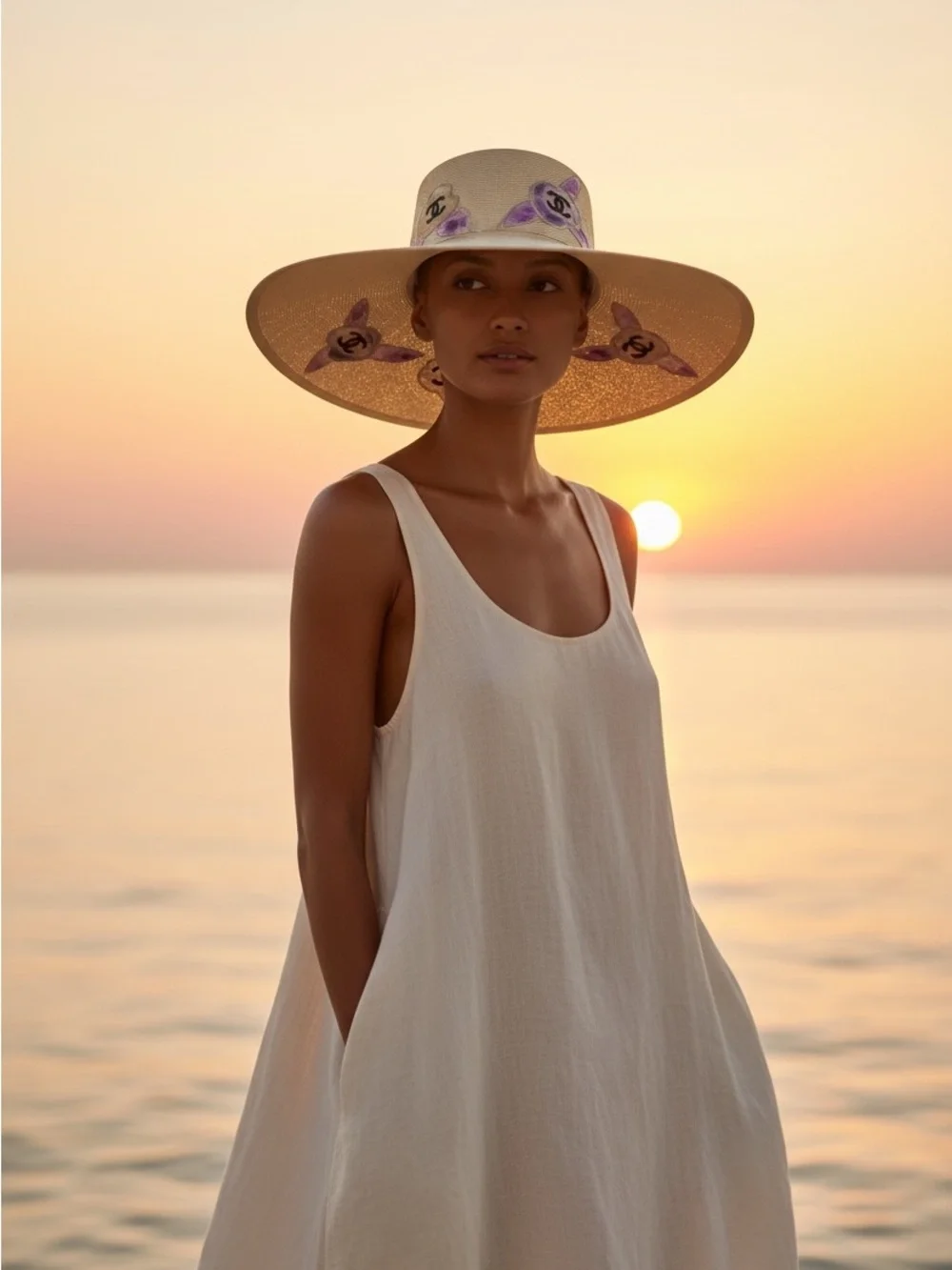 CHANEL Tan Straw Wide Brim Hat with Lime Ribbon